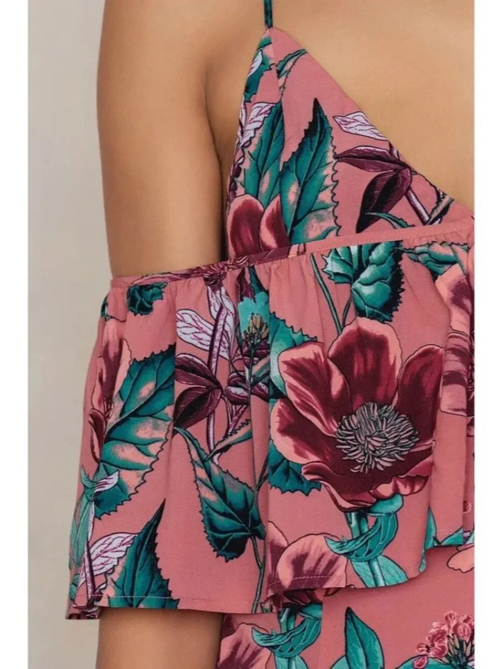 For Love & Lemons Flamenco Midi Dress L Pink Floral Silk Blend High Slit Ruffle - Picture 2 of 12